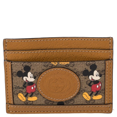 Pre-owned Gucci X Disney Gg Supreme And Leather Mickey Mouse Card Holder In Brown