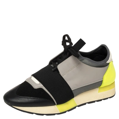 Pre-owned Balenciaga Tricolor Leather And Knit Fabric Race Runner Low Top Sneakers Size 36 In Grey