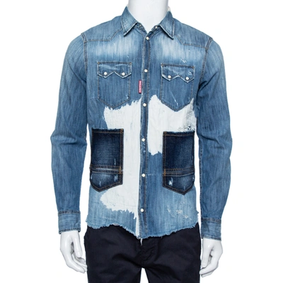 Pre-owned Dsquared2 Blue Denim Button Front Paneled Distressed Shirt S