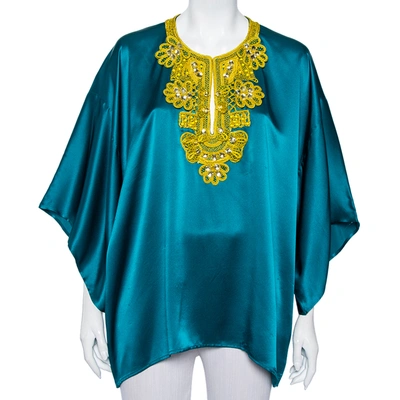 Pre-owned Oscar De La Renta Green Silk Satin Embellished Neck Detail Oversized Top L