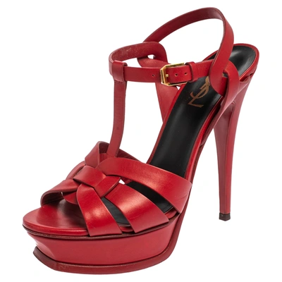 Pre-owned Saint Laurent Red Leather Tribute Sandals Size 38.5