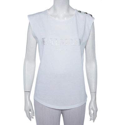 Pre-owned Balmain White Logo Printed Cotton Button Detail Sleeveless T-shirt S