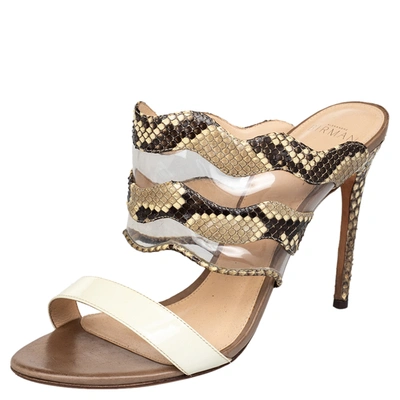 Pre-owned Alexandre Birman Beige/brown Patent Leather And Python Open Toe Slide Sandals Size 39