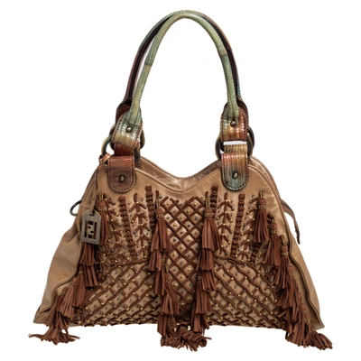 Pre-owned Fendi Brown Suede And Leather Tassel And Bead Embellished Shoulder Bag