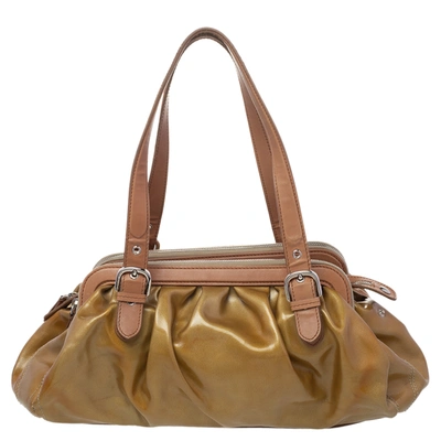 Pre-owned Moschino Metallic Gold/brown Patent And Leather Satchel