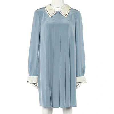 Pre-owned Prada Powder Blue Silk Sequin Embellished Trim Pleated Mini Dress M