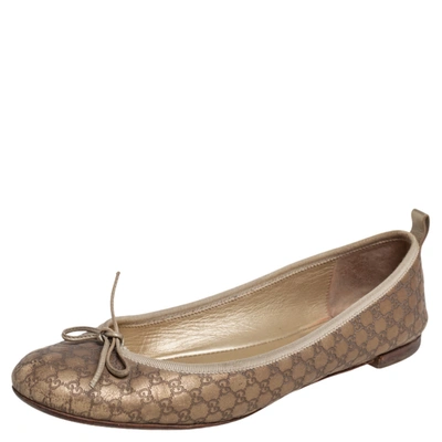 Pre-owned Gucci Ssima Leather Bow Ballet Flats Size 40 In Gold
