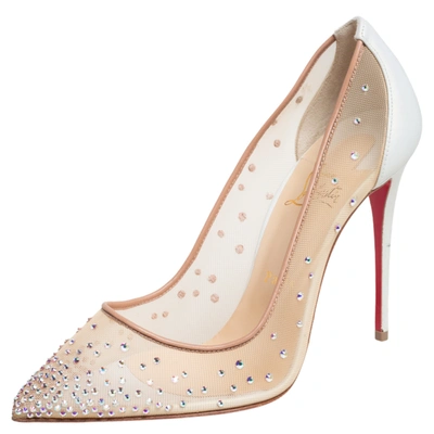 Pre-owned Christian Louboutin White/beige Crystal Embellished Net And Leather Follies Strass Pumps Size 38.5