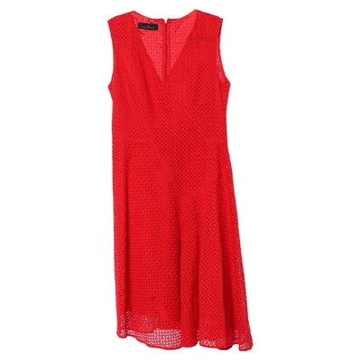 Pre-owned Ch Carolina Herrera Red Lace Flared V-neck Dress M