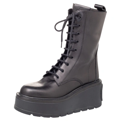 Pre-owned Valentino Garavani Black Leather Uniqueform Mid Calf Platform Boots Size 39