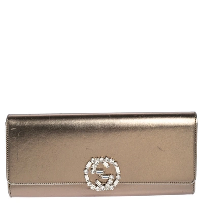 Pre-owned Gucci Metallic Bronze Leather Broadway Gg Crystal Clutch