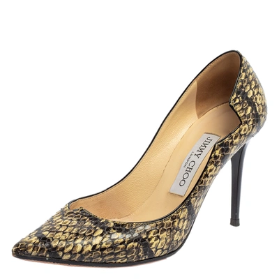 Pre-owned Jimmy Choo Black/cream Python Embossed Leather Asymmetrical Edge Pumps Size 35 In Brown