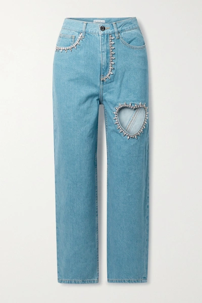 Shop Area Crystal-embellished Cutout Mid-rise Straight-leg Jeans In Blue