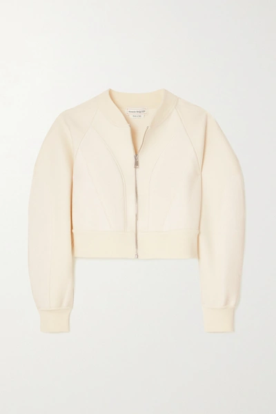 Shop Alexander Mcqueen Cropped Stretch-knit Bomber Jacket In White