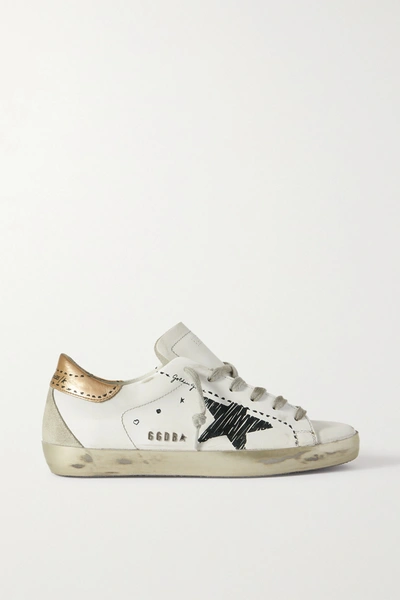 Shop Golden Goose Superstar Distressed Suede-trimmed Printed Leather Sneakers In White