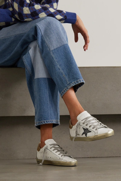 Shop Golden Goose Superstar Distressed Suede-trimmed Printed Leather Sneakers In White