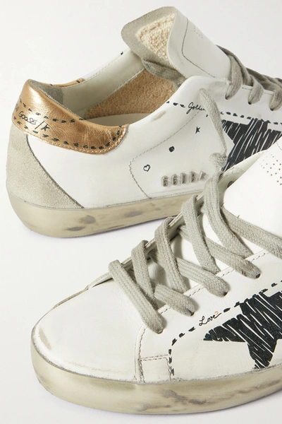 Shop Golden Goose Superstar Distressed Suede-trimmed Printed Leather Sneakers In White