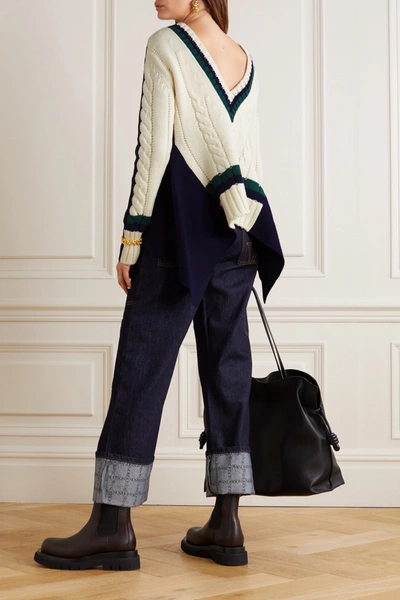 Shop Sacai Ribbed And Cable-knit Wool Sweater In Blue