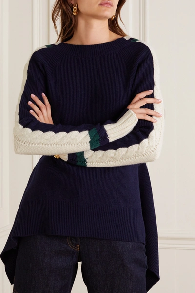 Shop Sacai Ribbed And Cable-knit Wool Sweater In Blue