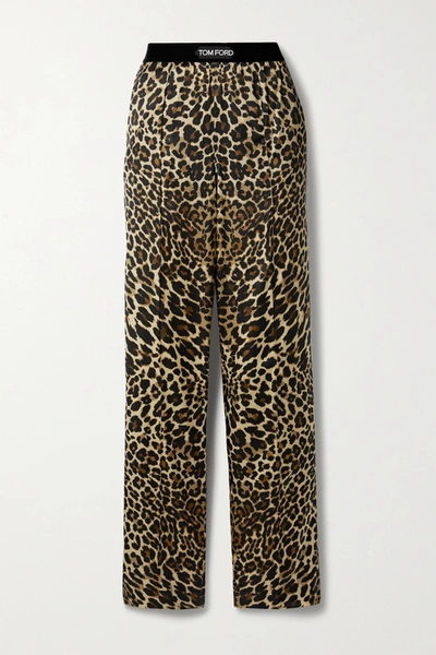 Shop Tom Ford Velvet-trimmed Leopard-print Stretch-silk Satin Pants In Animal Print