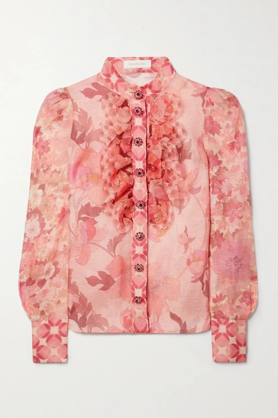 Shop Zimmermann Concert Ruffled Floral-print Linen And Silk-blend Voile Blouse In Pink