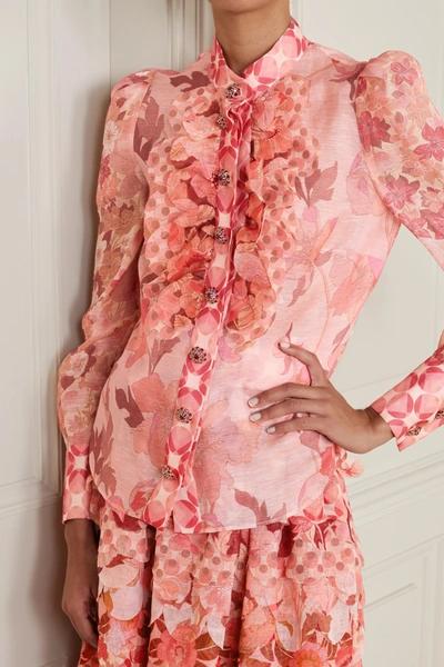 Shop Zimmermann Concert Ruffled Floral-print Linen And Silk-blend Voile Blouse In Pink