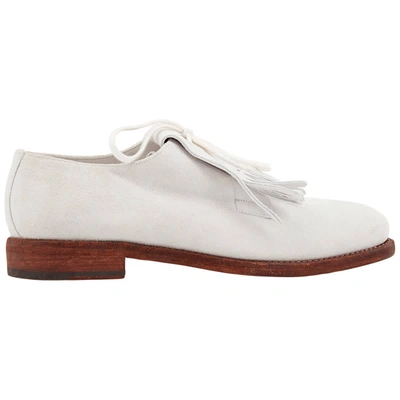 Shop Burberry Mens Lace-up Kiltie Fringe Suede Loafers In Off White
