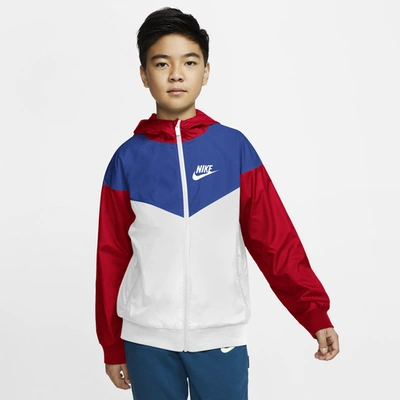 Shop Nike Boys  Windrunner Jacket In White/game Royal/university Red