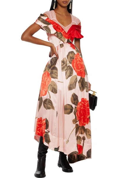Shop Simone Rocha Asymmetric Tulle-paneled Floral-print Silk-satin Midi Dress In Baby Pink
