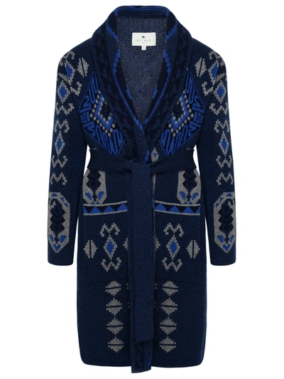 Shop Etro Blue Jacquard Wool Knit Coat