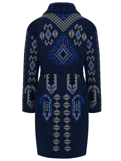 Shop Etro Blue Jacquard Wool Knit Coat