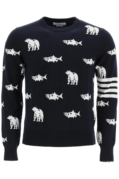 Shop Thom Browne Merino Wool Bear And Salmon Sweater In Blue