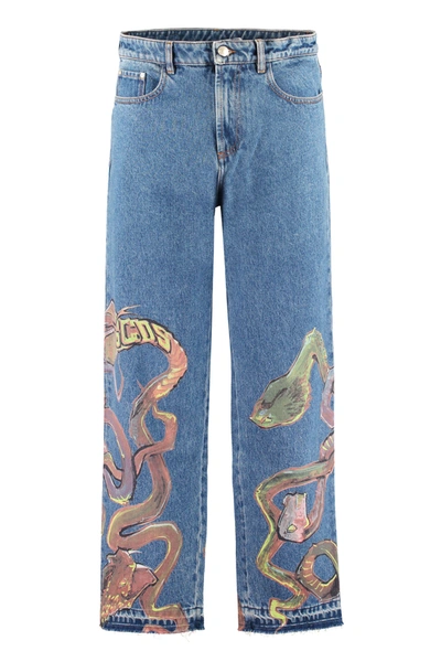 Shop Gcds Graphic Print Jeans In Blue