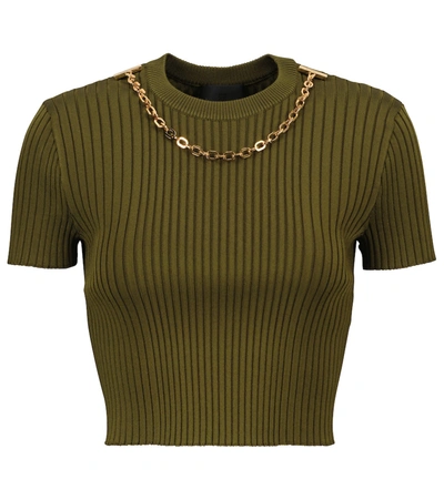 Shop Givenchy Chain-trimmed Ribbed-knit Sweater In Green