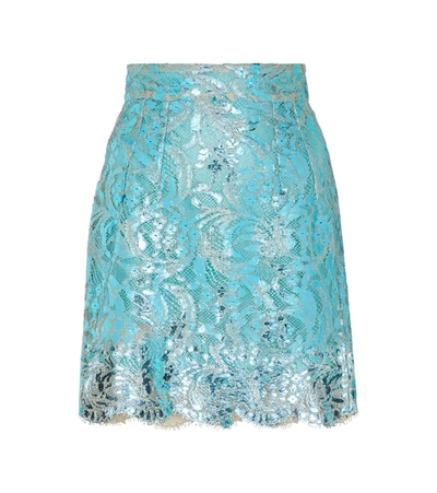 Shop Dolce & Gabbana Laminated Lace Miniskirt In Blue