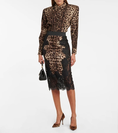 Shop Dolce & Gabbana Lace-trimmed Leopard-print Satin Midi Skirt In Multicoloured