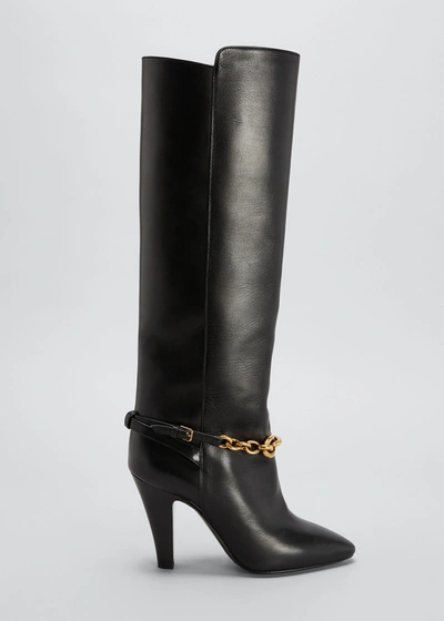Shop Saint Laurent Koller Calfskin Chain Knee Boots In Nero