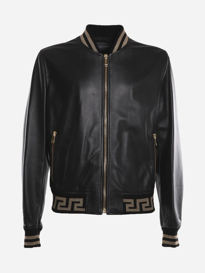 Shop Versace Leather Jacket With Contrasting Greca Motif In Black