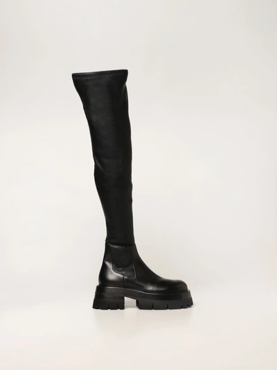 Shop Versace Cuissard Boots In Leather In Black