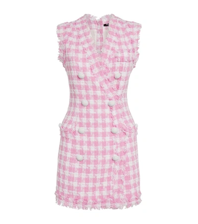 Shop Balmain Tweed Gingham Mini Dress In Pink