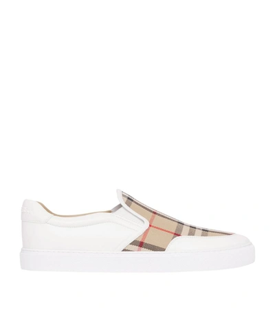 Shop Burberry Leather Vintage-check-panel Sneakers In White