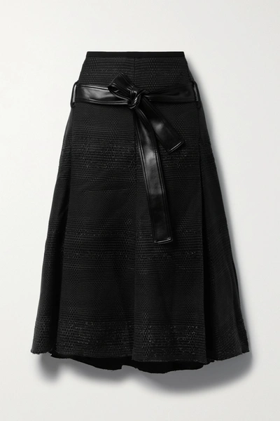 Shop Proenza Schouler Faux Leather-trimmed Tweed Midi Skirt In Black