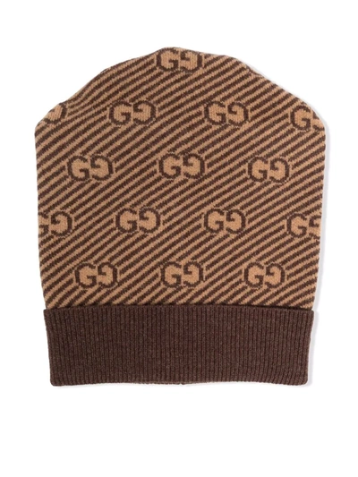 Shop Gucci Diagonal Gg Pattern Jacquard Knit Hat In Brown