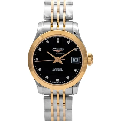 Shop Longines Record Automatic Diamond Black Dial Watch L2.320.5.57.7 In Black / Gold / Rose / Rose Gold