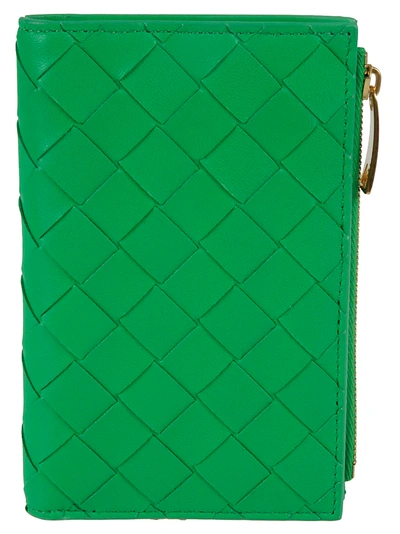 Shop Bottega Veneta Snap Button Side Zipped Woven Wallet In Parakeet Gold