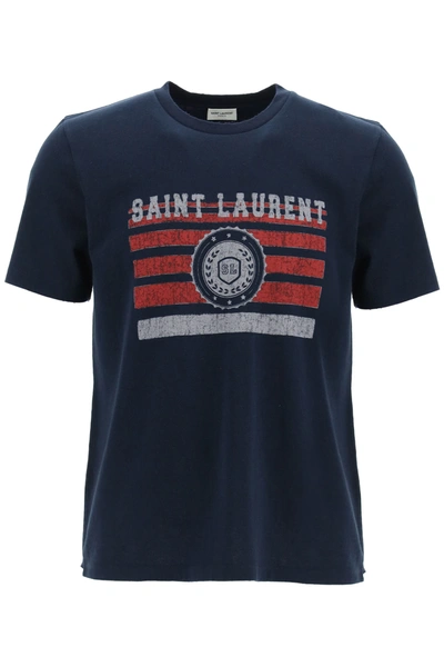 Shop Saint Laurent League' Print T-shirt In Blue,red,grey