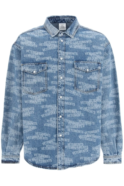 Shop Vetements Oversized Denim Shirt With Logo In Blue,light Blue