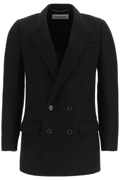 Shop Saint Laurent Double Breasted Wool And Mohair Coat In Black