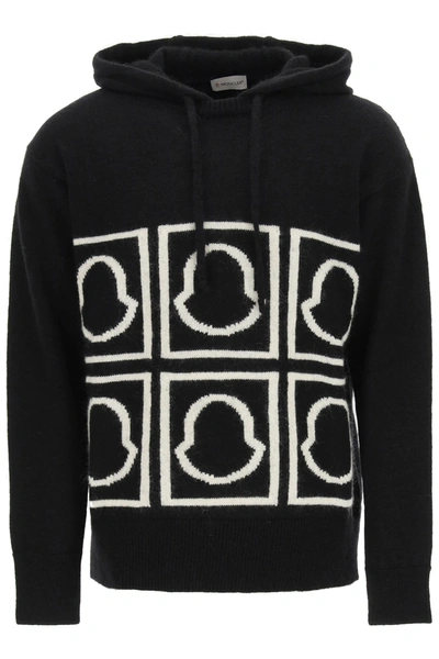 Shop Moncler Hooded Sweater With Jacquard Logo In Black,white