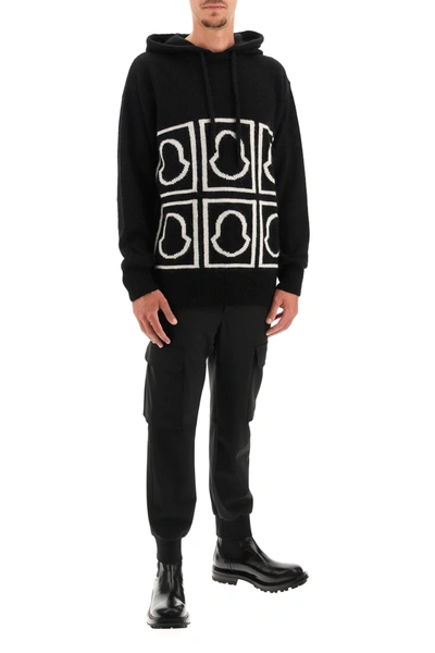 Shop Moncler Hooded Sweater With Jacquard Logo In Black,white